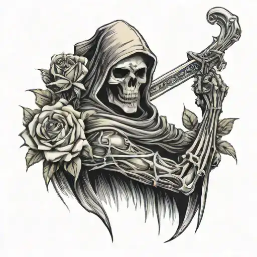 Grim Reaper With Roses Behind It With Its Scythe Over His Head