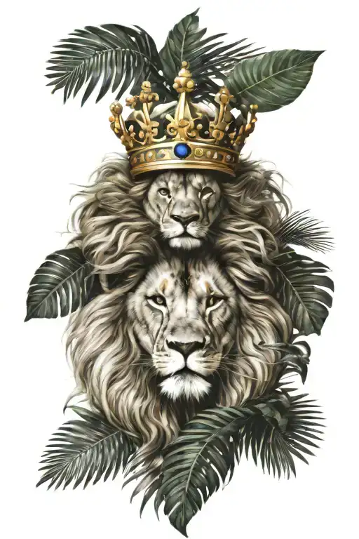 A Lion Wearing A Crown Surrounded By Palm Leaves