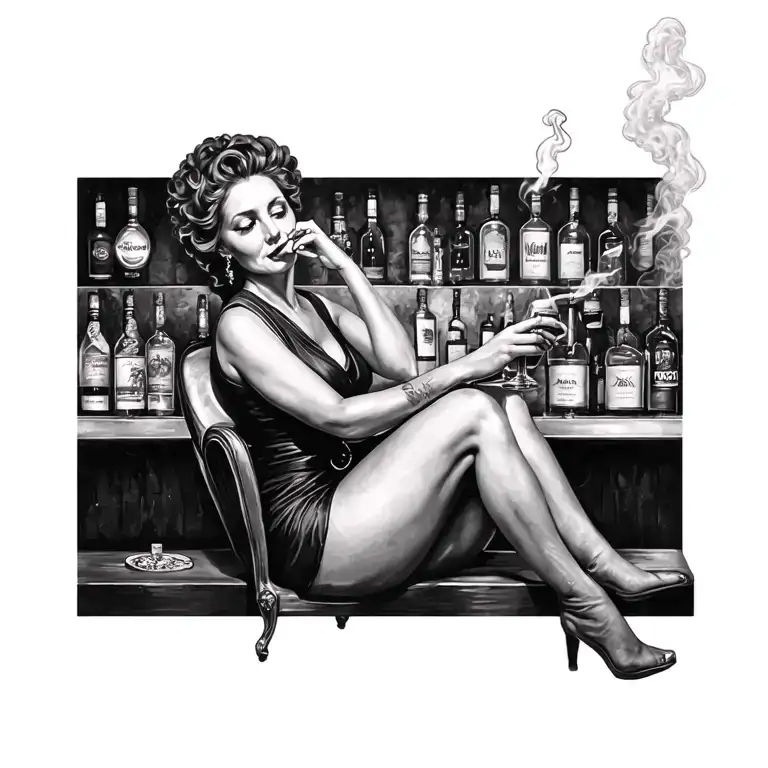 Old Bar Woman Sitting Alcohol Smokes