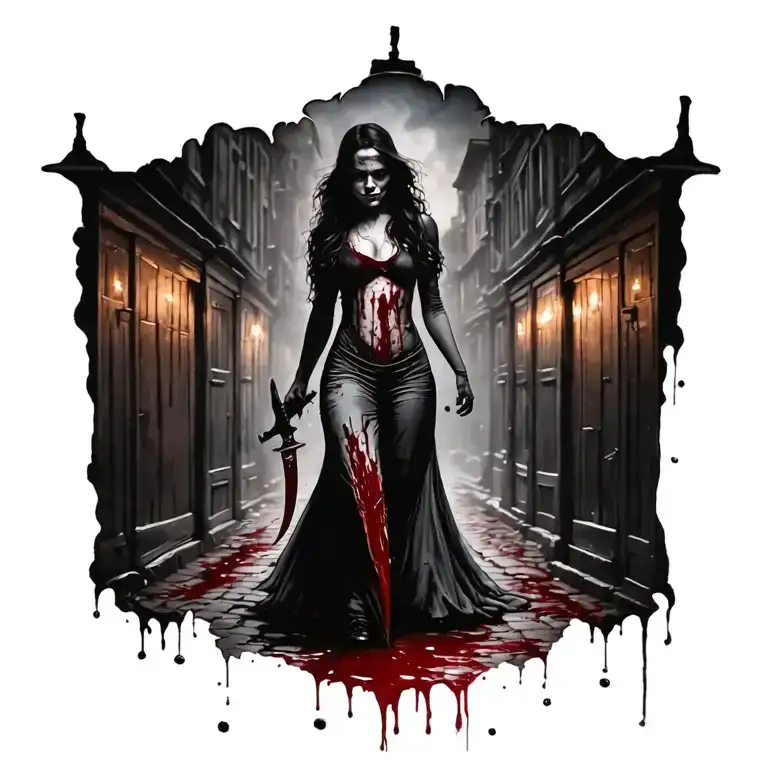 Front Woman Bloody Knife Jack The Ripper Walking Away From People
