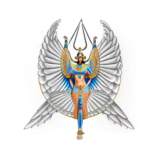 Maat Egyptian Goddess Of Balance Kneeling With Wings Outstreched And Scale In Each Hand