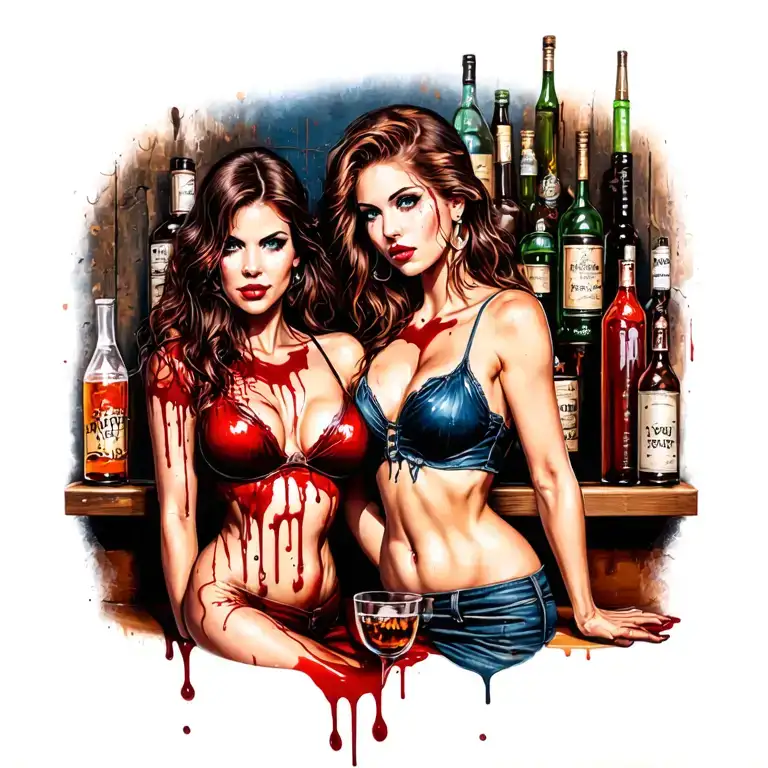 Sexy Bloody Two Women Background Of Old Bar