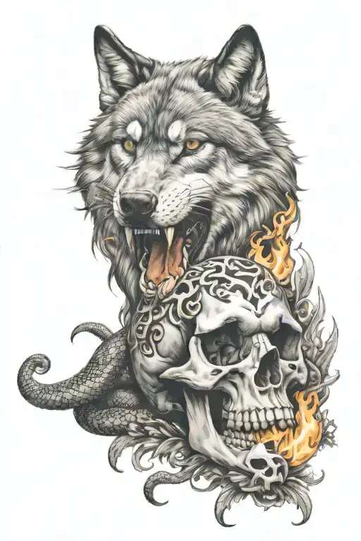 Wolf And Snake And Skull And Fire