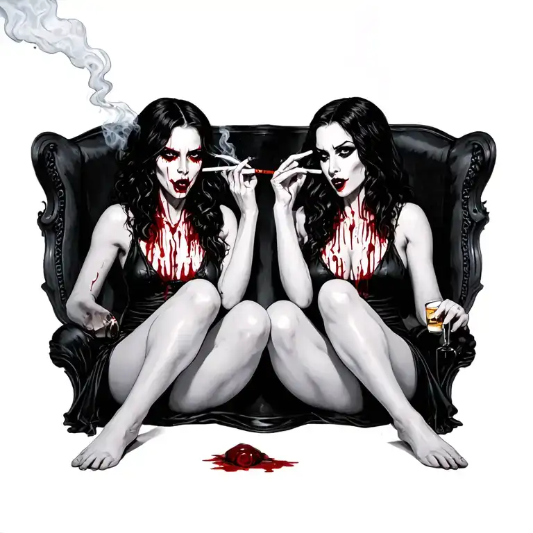 Sexy Bloody Vampire Women Sitting Alcohol Smokes Cigarette