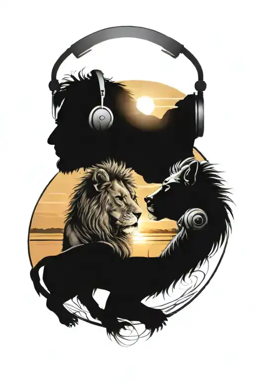 Lion Wearing Headphones And Listening Watching Brother And Sister Playing In The Sunset