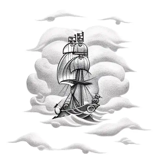 Pirate Ship With Giant Squid And Treasure Chest And Thunderstorm