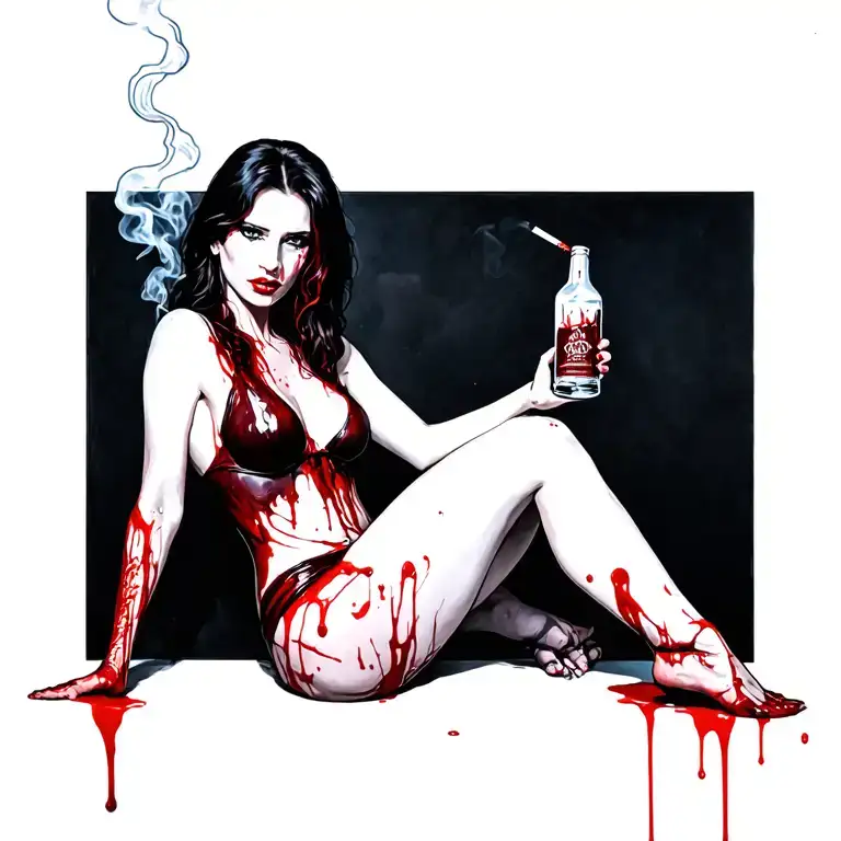 Sexy Bloody Woman Sitting Alcohol Smokes Cigarette