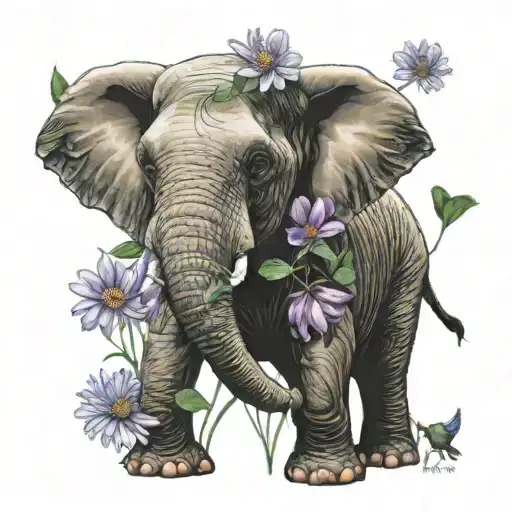 Elephant With Aster Flowers And A Four Leaf Clover