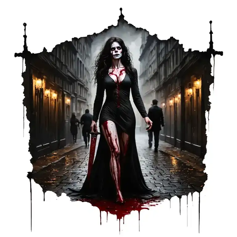 Beautiful Woman Bloody Knife Full Body People Jack The Ripper Walking Away
