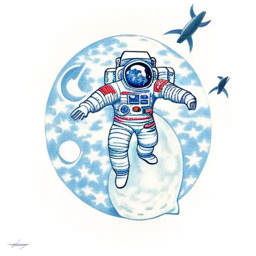 Full Body Astronaut In Space With Moon Behind In Full Color