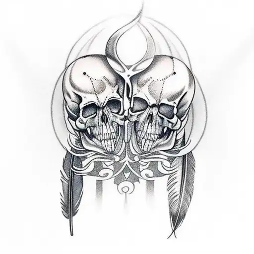 Back Tattoo With Feathers And A Skull From Behind Them
