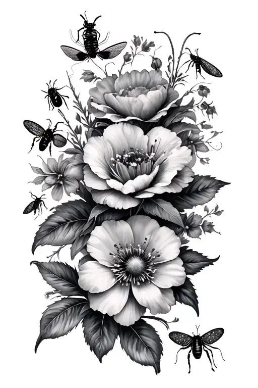 Floral With Insects Black Grey