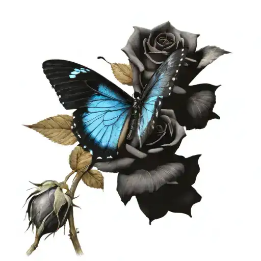 Blue Butterfly On A Black Colored Rose