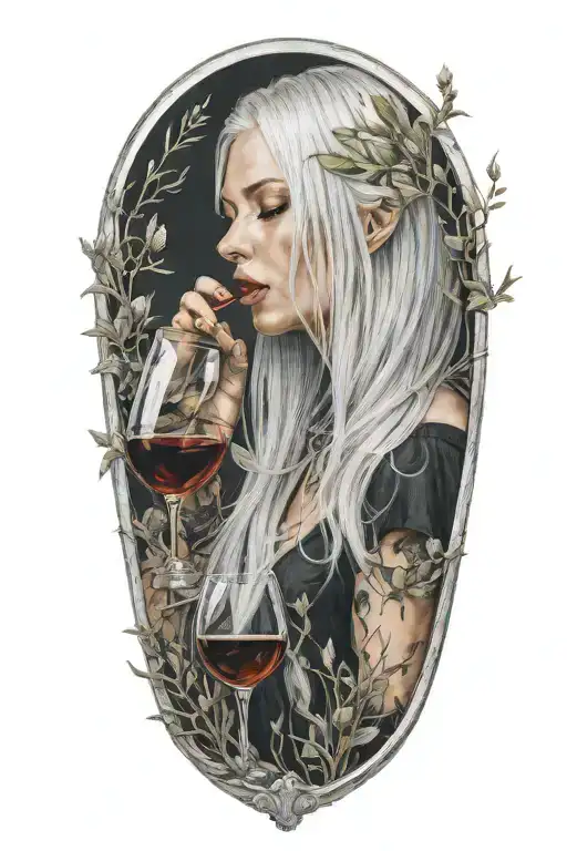 Long Silver Haired Girl Drinking Wine From A Wine Glass With Grass Twining On Her