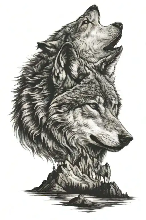 Wolf Howling With Mountains And Forest Below