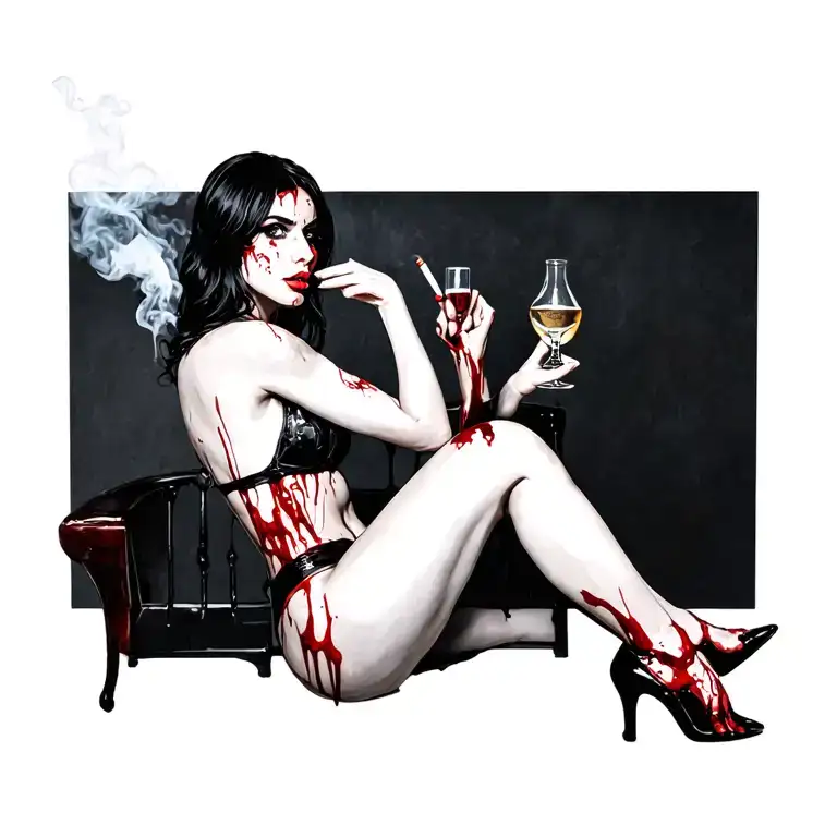 Sexy Bloody Woman Sitting Alcohol Smokes Cigarette