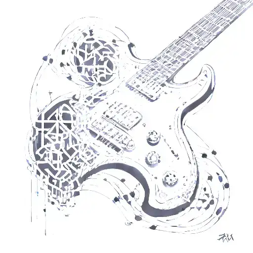 A Minimalist Tattoo Of An Electric Guitar With Coding Symbols As The Strings