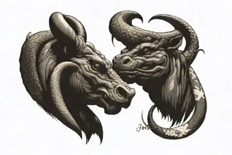 Bull Head And Snake Head Looking At Each Other With The Word Jiu Jitsu Above