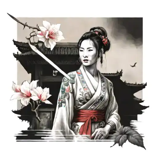 Chinese Pause With Temple T A Woman In The Foreground With Flowers And Sword