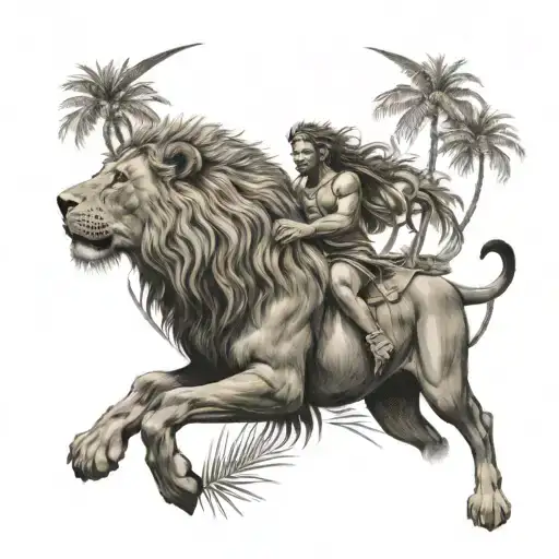 A Sagittarius With A Lion At His Side With Palm Trees In The Background