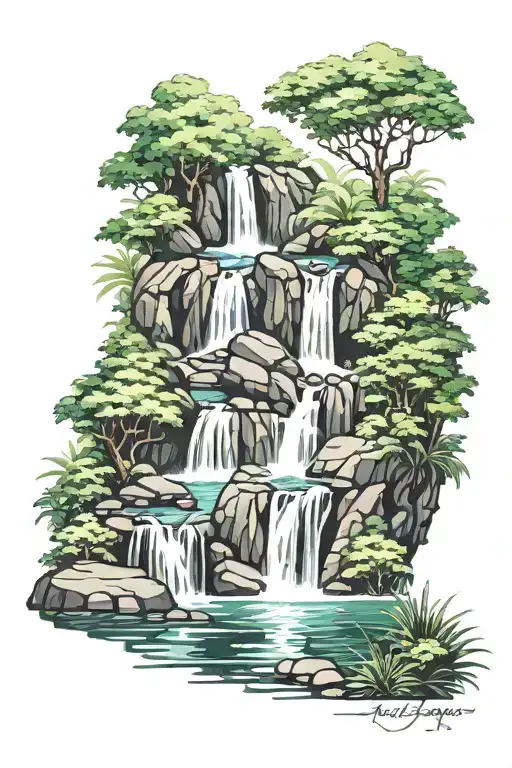 Cascading Waterfall Surrounded By Lush Greenery