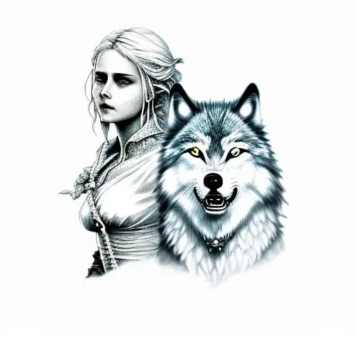 Ciri And Wolf And Mountains