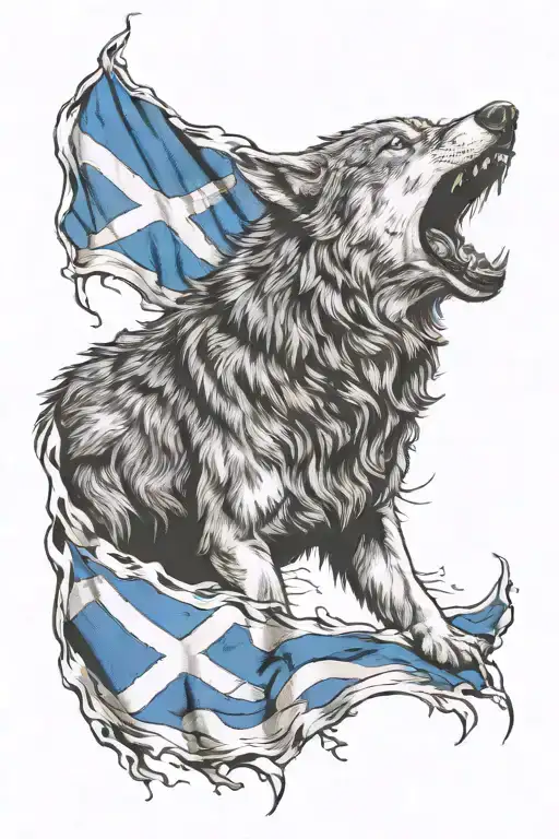 Wolf Howling At Saltire Flag Flying