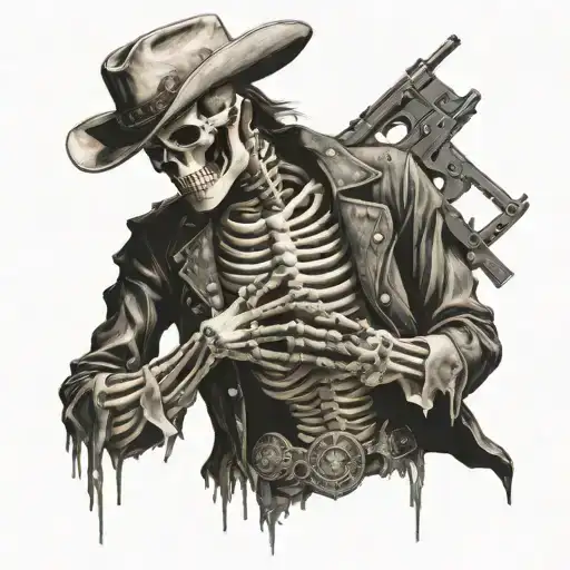 Realism Cowboy Skeleton Holding Revolver Showing Only His Chest And Above