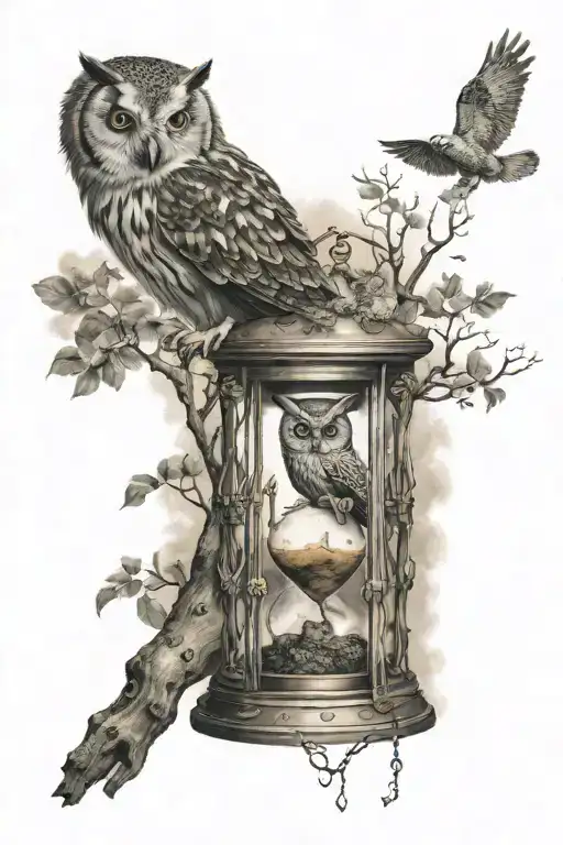 Owl With Sandglass And The Life Tree Inside Instead Of Sand