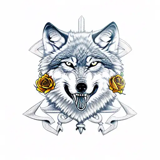 Wolf With Anchor And Roses