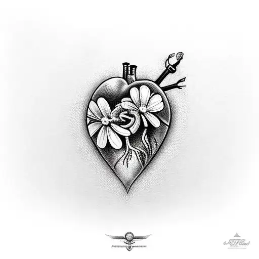 Realistic Heart Tattoo With Congential Heart Defect And Daisy Flowers