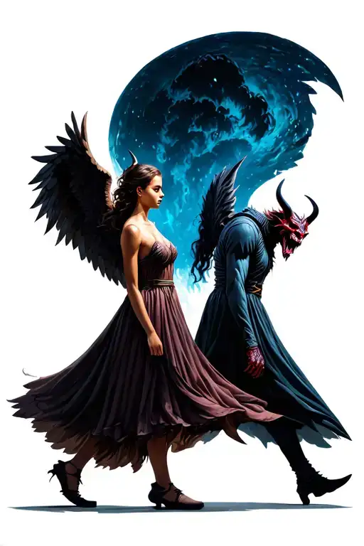 Angel Girl And Demon Guy Walk Past Each Other Side