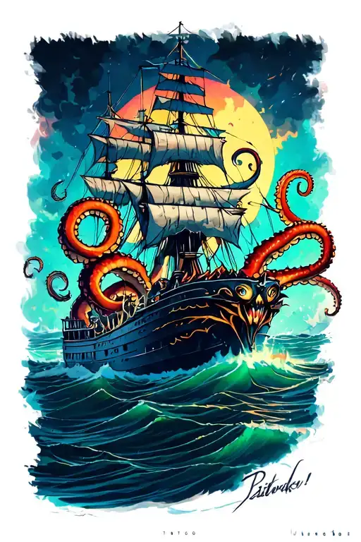 Neon Colored Kraken Attacking A Ship