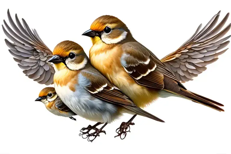 Mother Bird And Two Baby Birds Perched