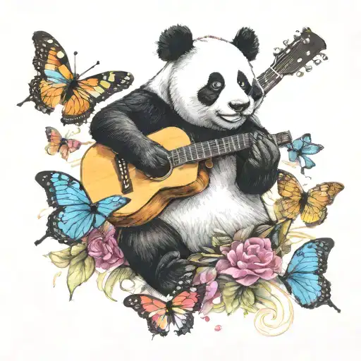 A Realistic Tattoo Of A Panda Playing A Guitar Surrounded By Colorful Butterflies