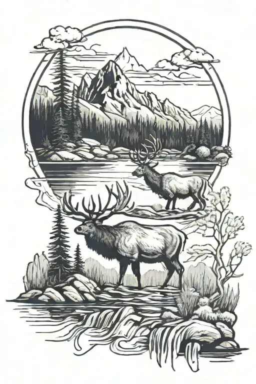 Mountain Lake Surrounded By Mountains With A Fish And Elk
