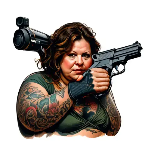 Obese Woman Holding Gun