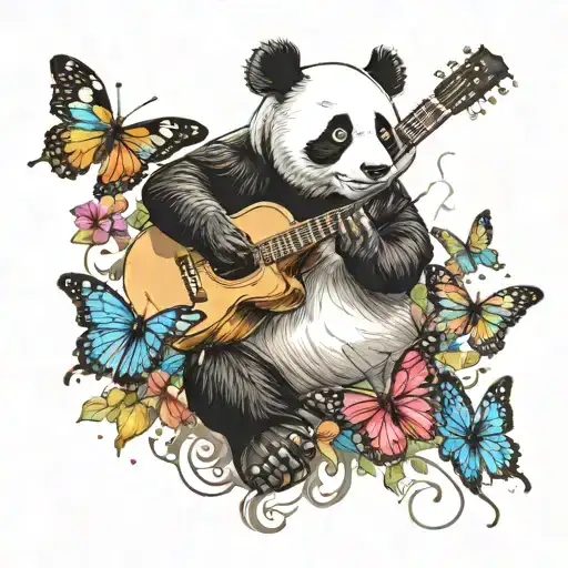 A Realistic Tattoo Of A Panda Playing A Guitar Surrounded By Colorful Butterflies