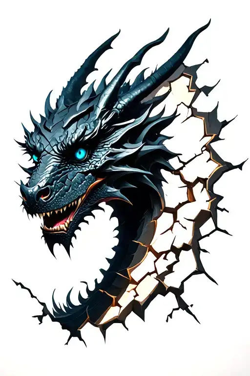 Black Dragon Face With Blue Eyes Coming Out Of Wall Broken Pieces Forming