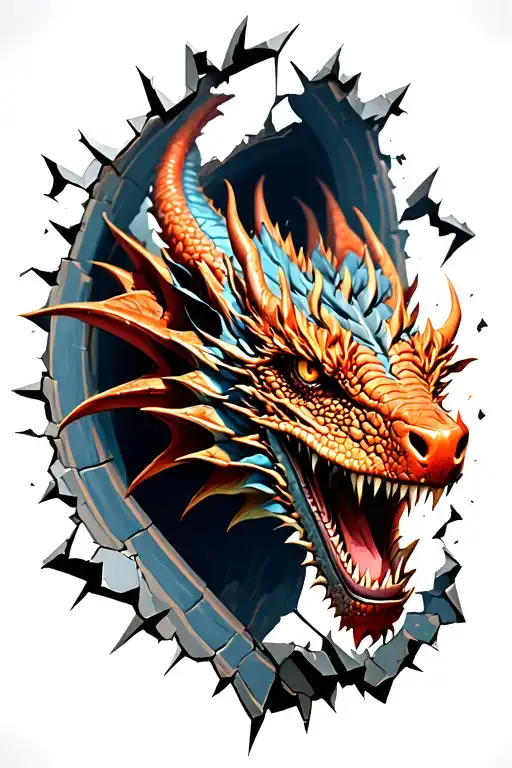 Dragon Coming Out Of Wall Broken Pieces Forming