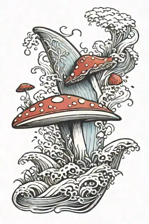 Surfboard With Amanita Muscaria And Ocean Waves