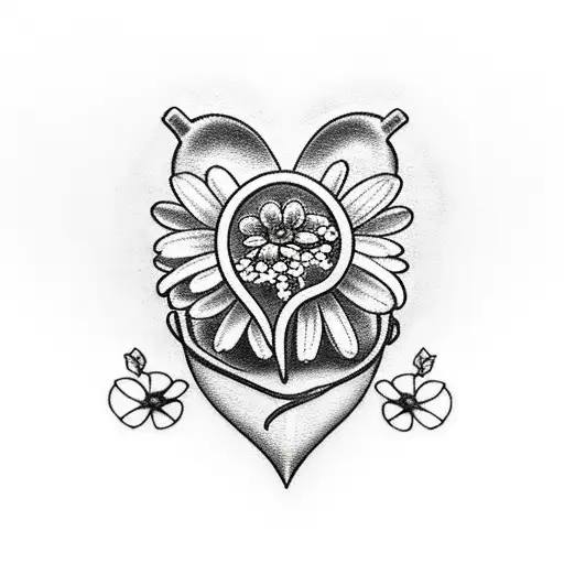 Realistic Heart Tattoo With Congential Heart Defect And Daisy Flowers