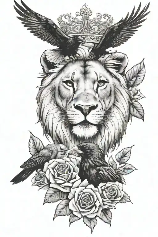Lion King Crown And Black Raven And Roses