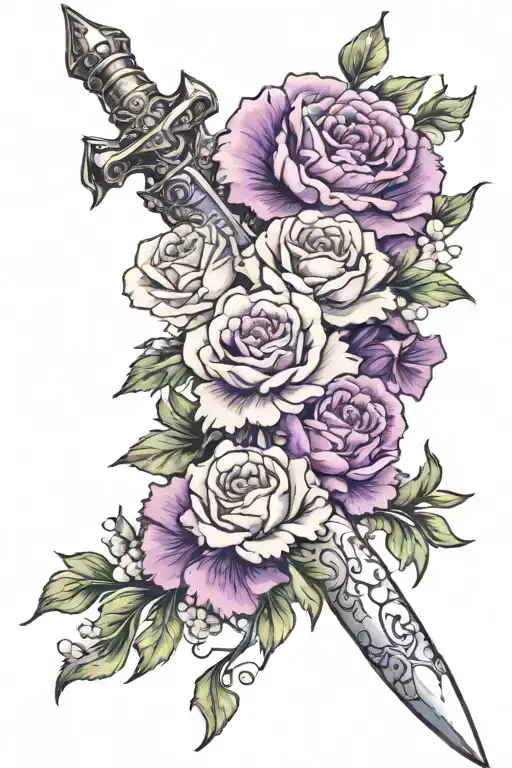 Dagger Wrapped In Purple And White Carnations With A Topaz And 2 Opals Embedded In The Dagger Hilt