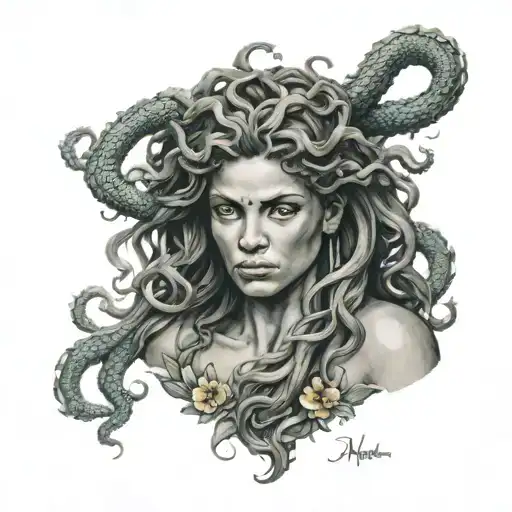 Medusa Half Muscular Woman Ocean Map Island