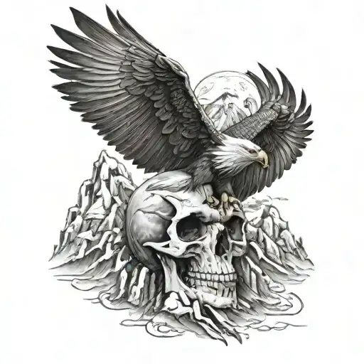 A Skull With Eagle Wings Flying Over A Mountain Range