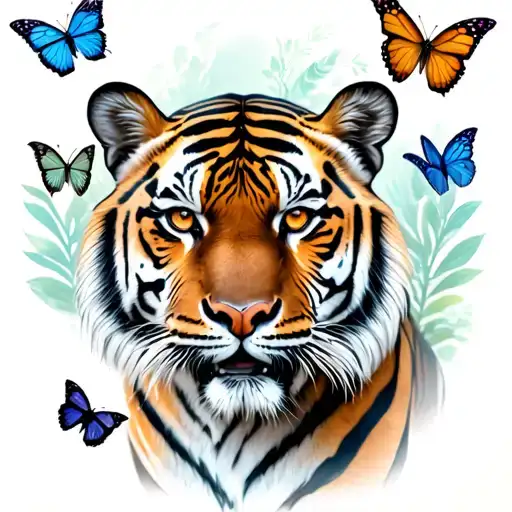 Tiger And Butterflies Surrounding