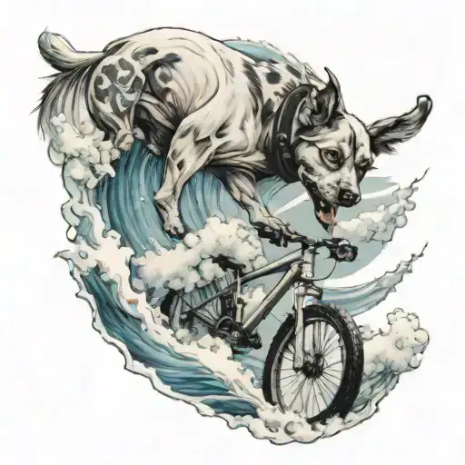 Dog On Wave With Bike
