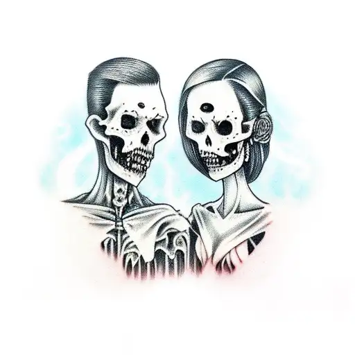 Undead Wedding Couple Embracing Holding Daggers Behind Their Backs
