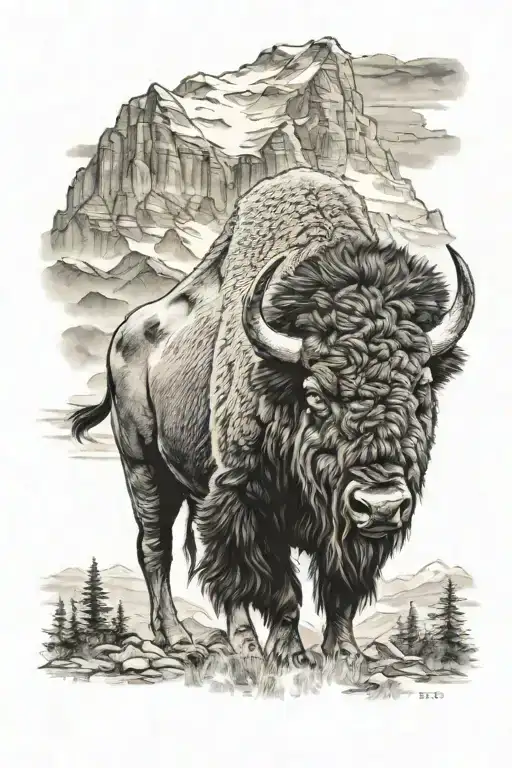 A Realistic Tattoo Of A Majestic Buffalo Standing In Front Of A Mountain Landscape